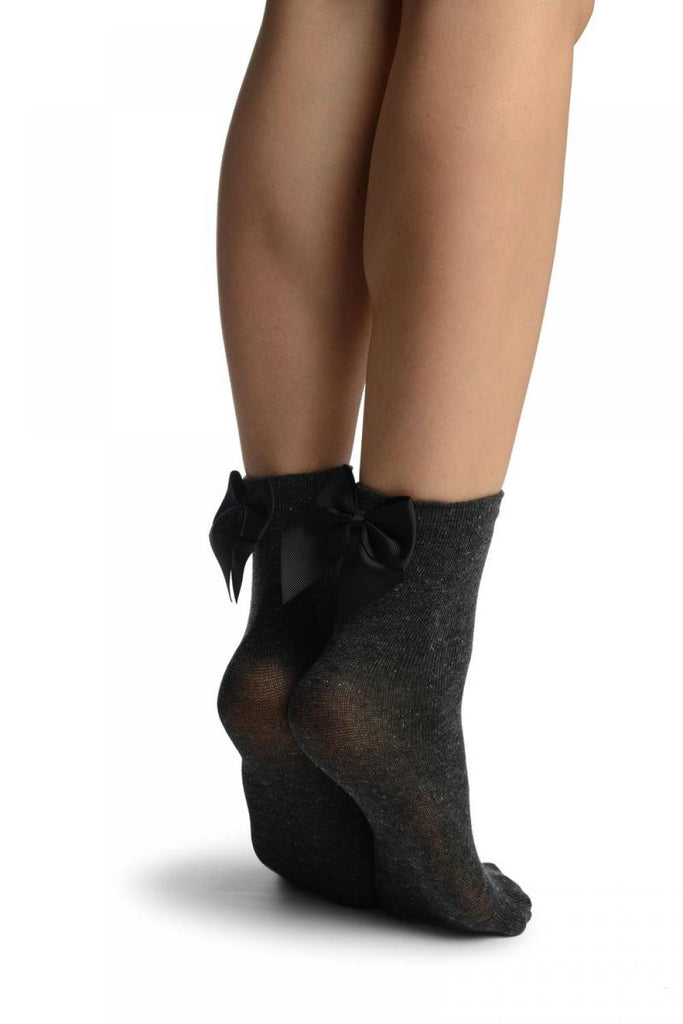 liss kiss Grey With Silver Lurex And Black Bow Ankle High Socks - Socks