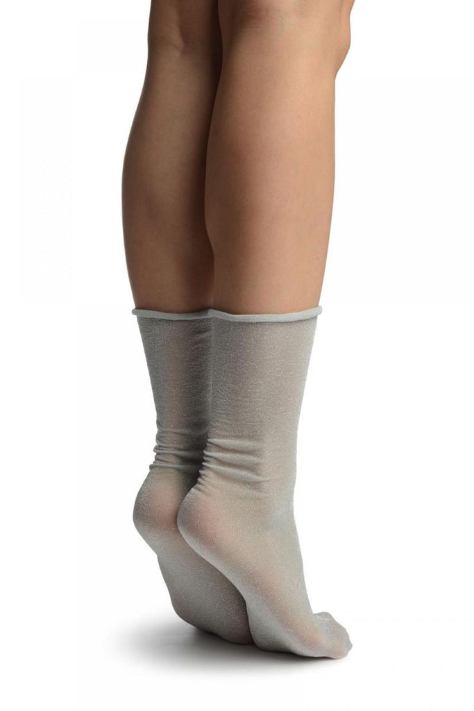 Liss Kiss Grey With Silver Lurex Comfort Top Ankle High Socks - Socks