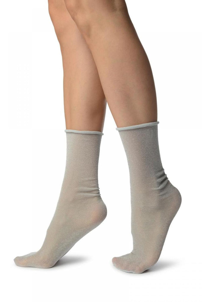 Liss Kiss Grey With Silver Lurex Comfort Top Ankle High Socks - Socks