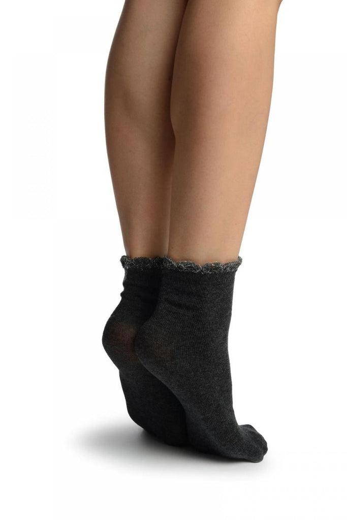 Liss Kiss Grey With Silver Lurex Petals Top Ankle High Socks - Socks