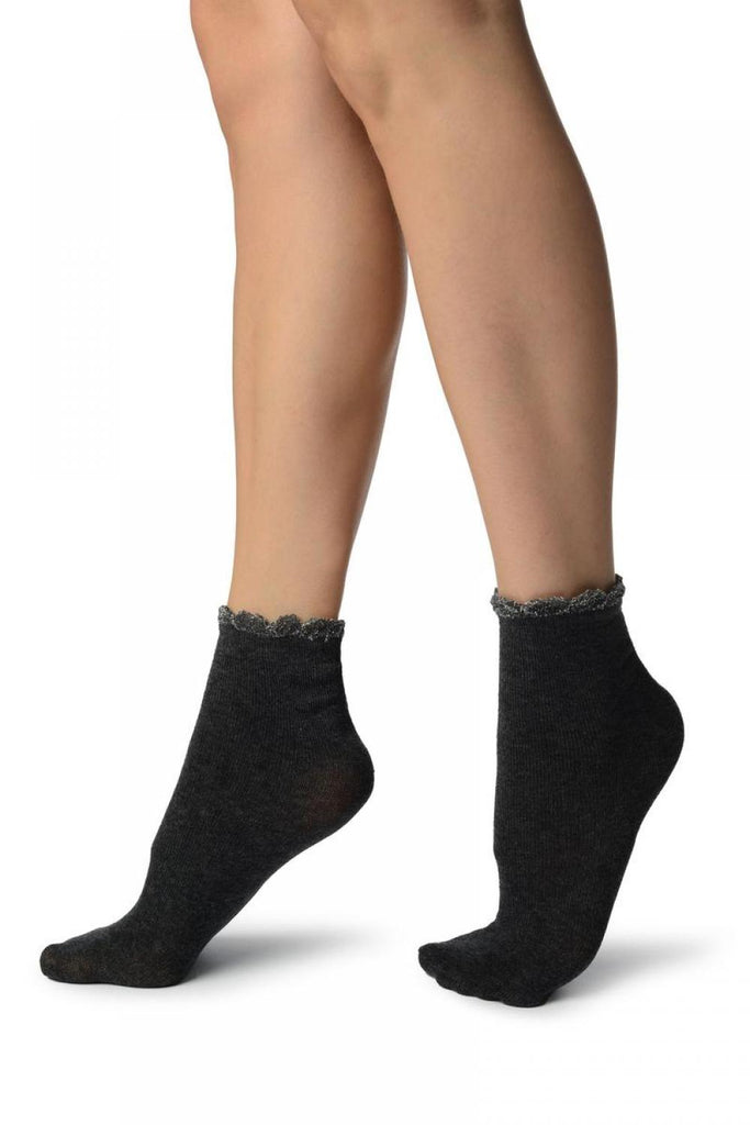 Liss Kiss Grey With Silver Lurex Petals Top Ankle High Socks - Socks
