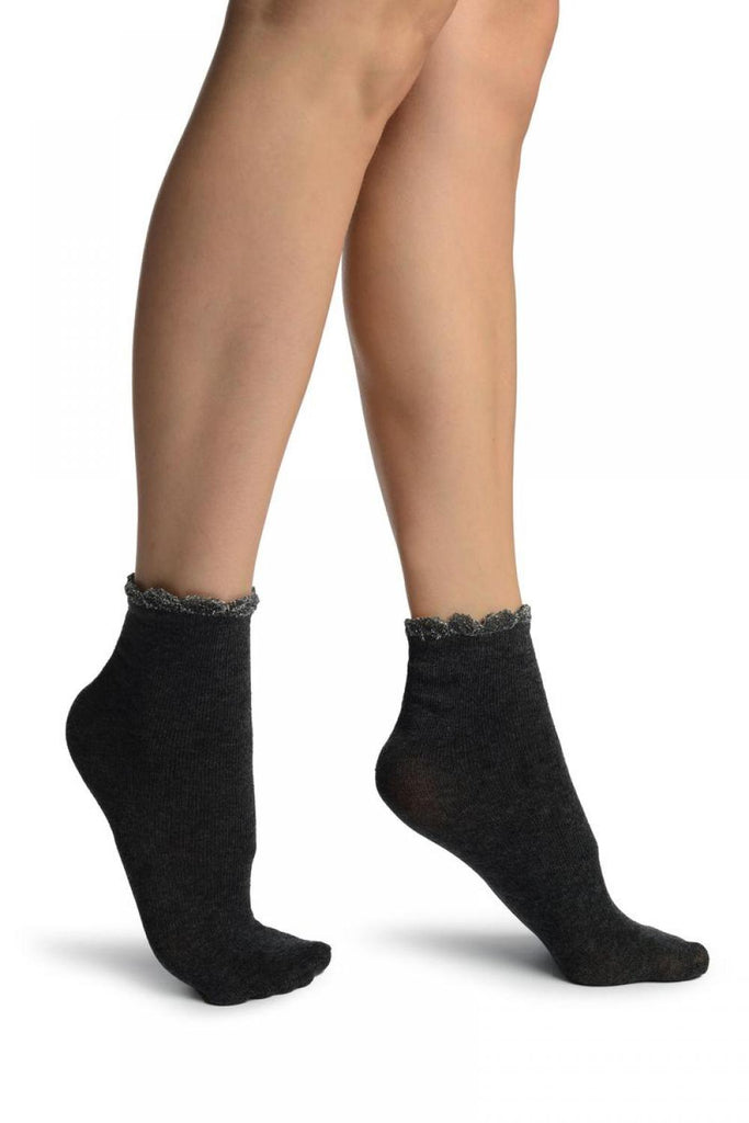 liss kiss Grey With Silver Lurex Petals Top Ankle High Socks - Socks