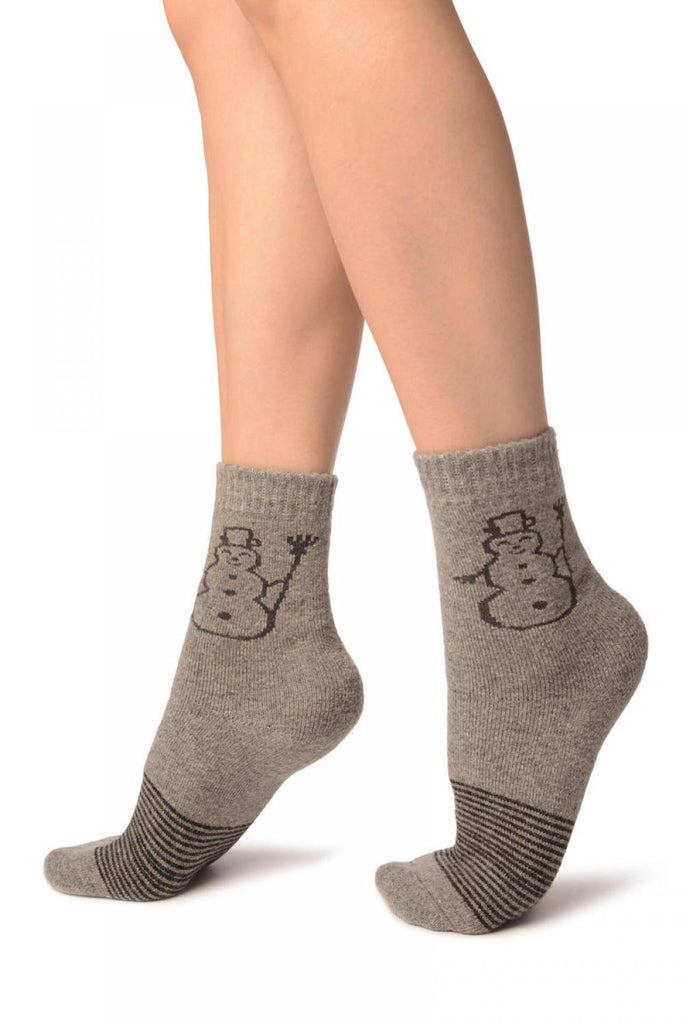 Liss Kiss Grey With Thing Stripes & Snowman Angora Ankle High Socks - Socks
