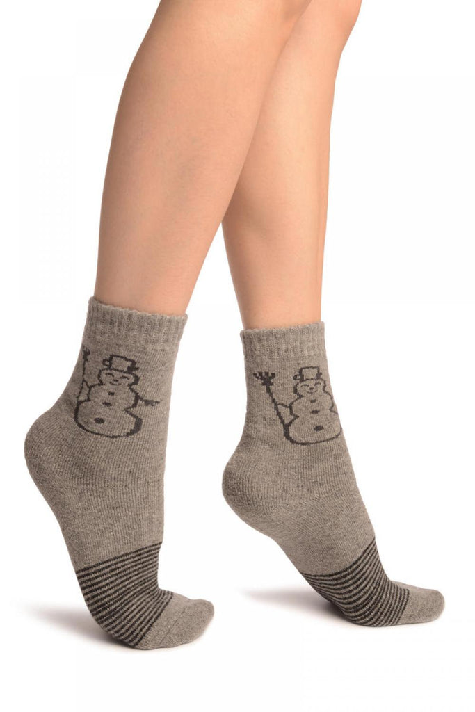 liss kiss Grey With Thing Stripes & Snowman Angora Ankle High Socks - Socks