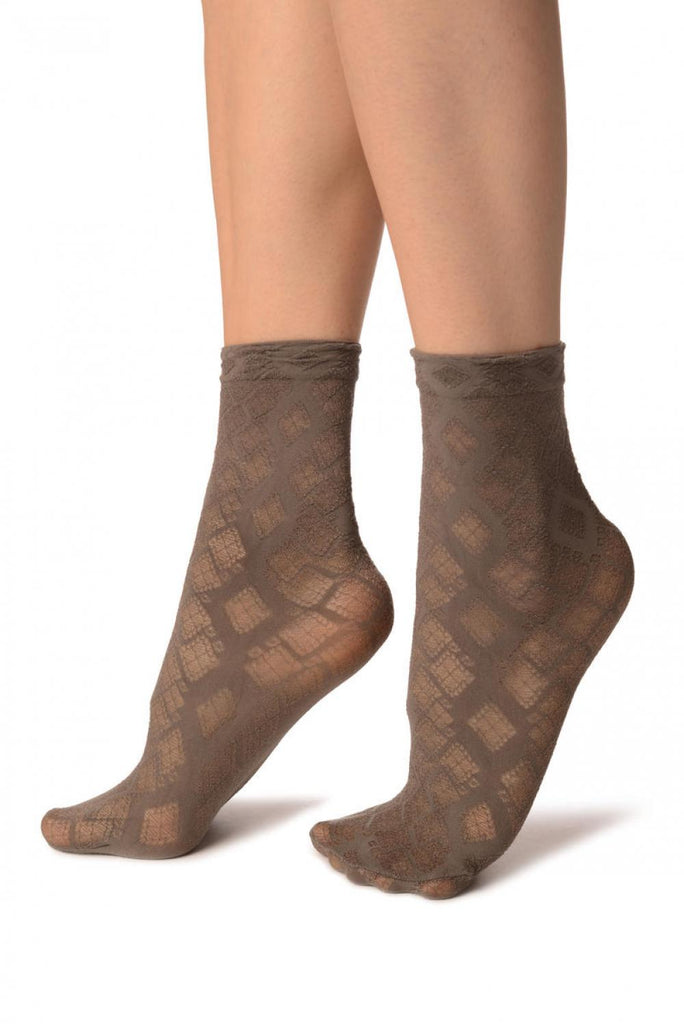 Liss Kiss Grey With Transparent Diamonds Ankle High Socks - Socks