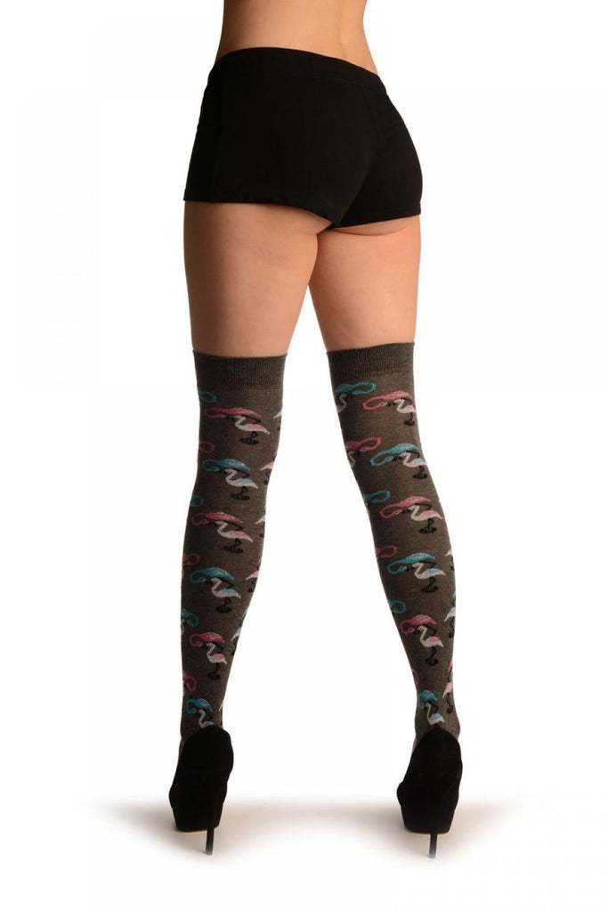 Liss Kiss Grey With White Blue & Pink Flamingos - Over The Knee Socks