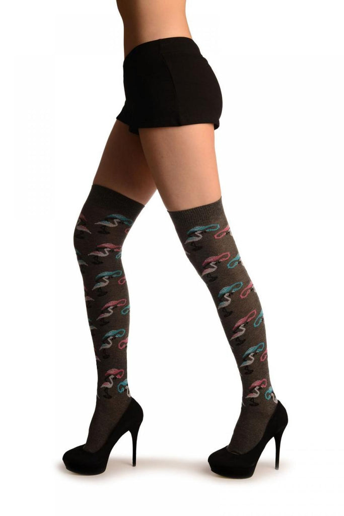 Liss Kiss Grey With White Blue & Pink Flamingos - Over The Knee Socks