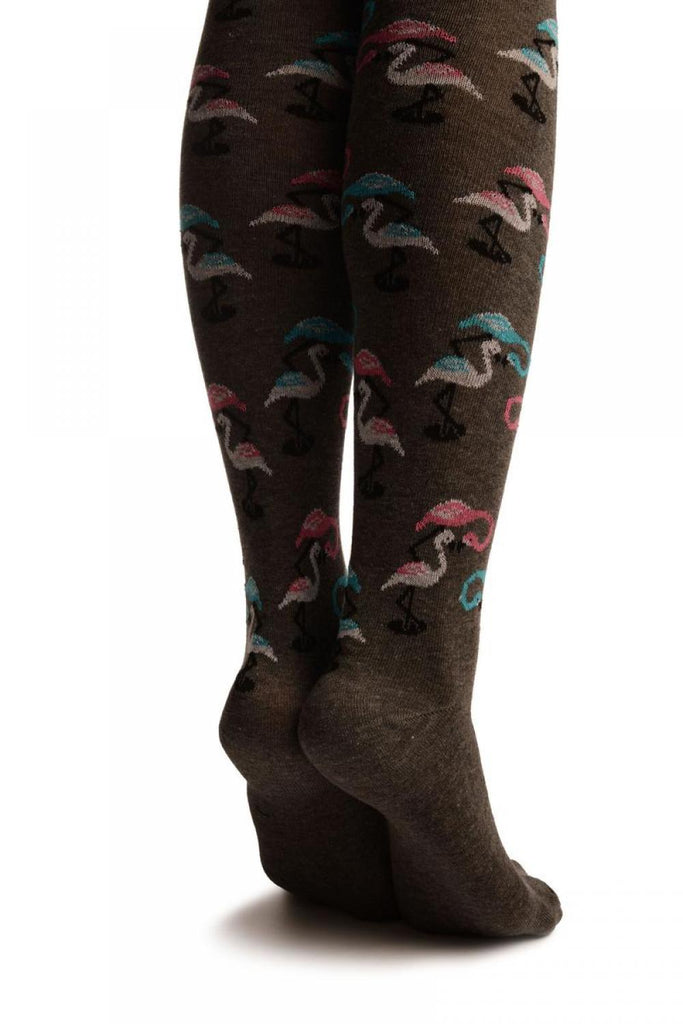Liss Kiss Grey With White Blue & Pink Flamingos - Over The Knee Socks