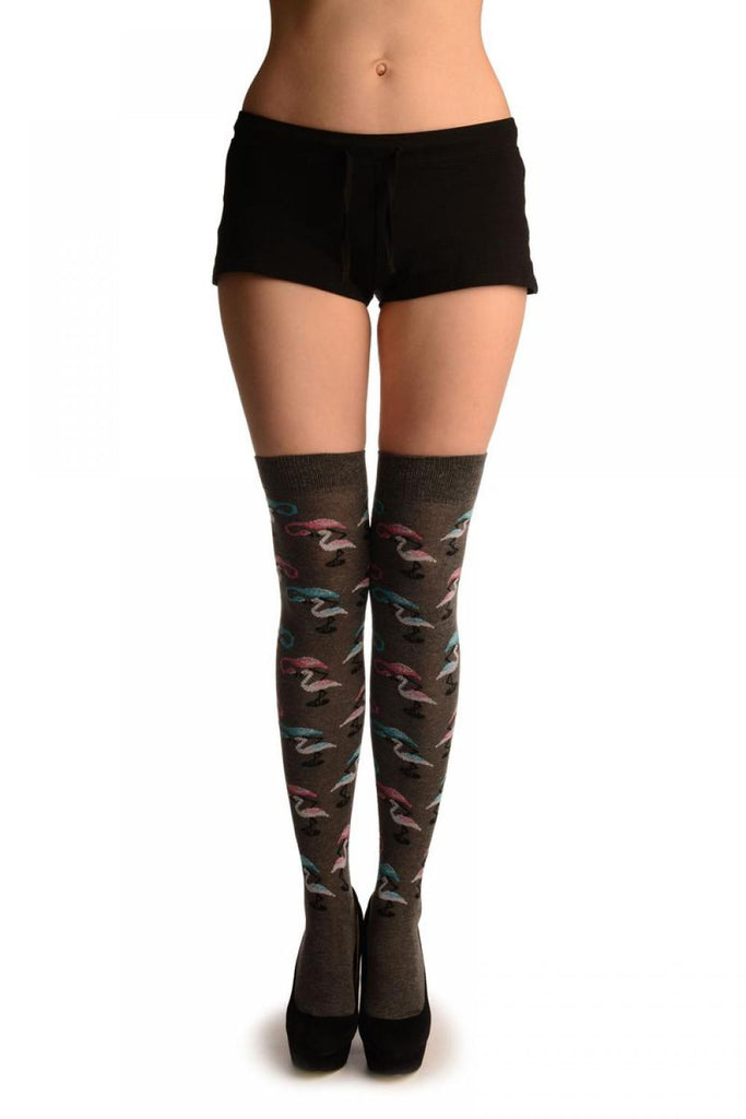 Liss Kiss Grey With White Blue & Pink Flamingos - Over The Knee Socks