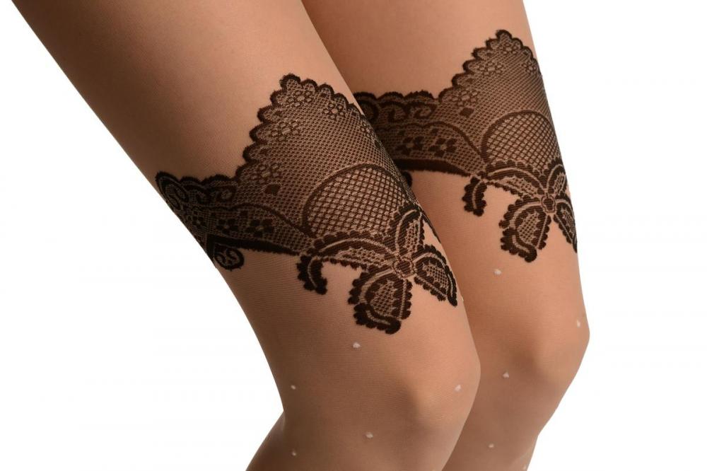 Liss Kiss Grey With White Polka Dot & Black Lace Top Tights - Tights