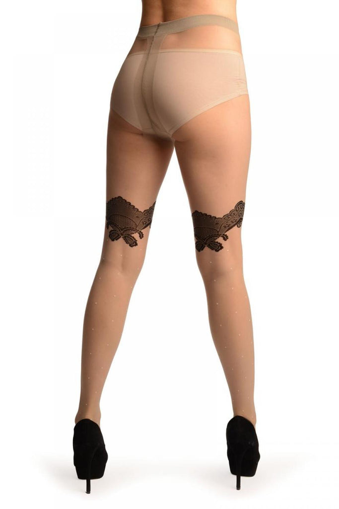 Liss Kiss Grey With White Polka Dot & Black Lace Top Tights - Tights