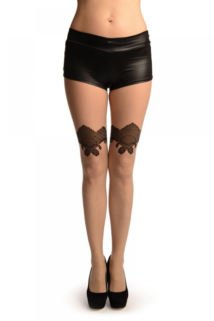 liss kiss Grey With White Polka Dot & Black Lace Top Tights - Tights