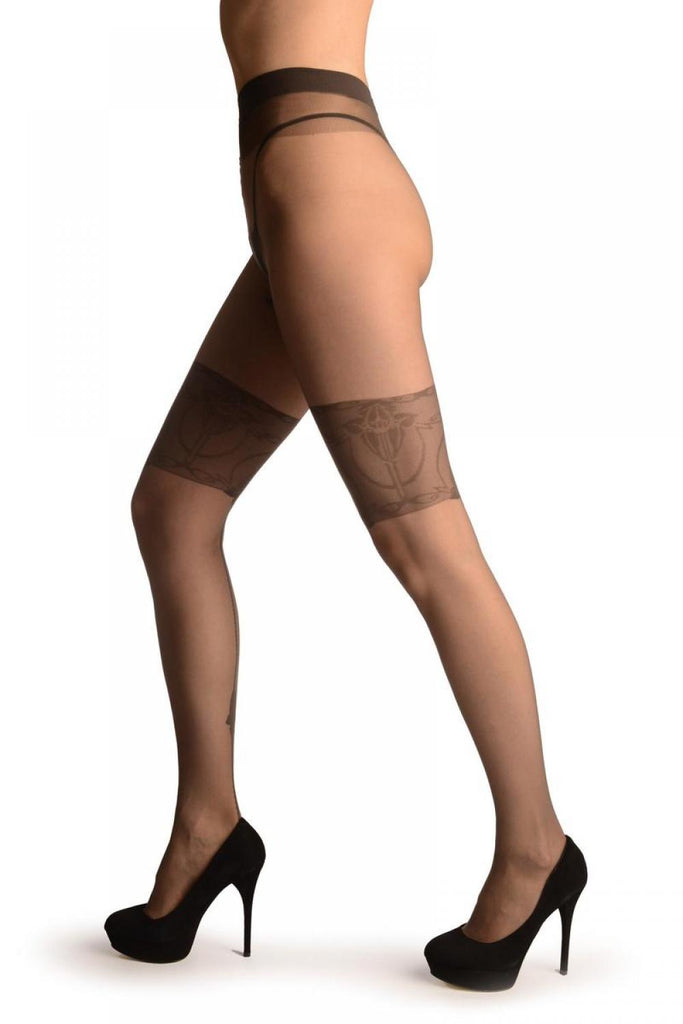 Liss Kiss Grey With Wide Floral Garter & Geometrical Seam - Tights