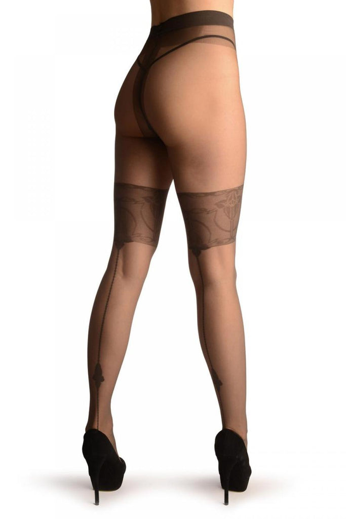 Liss Kiss Grey With Wide Floral Garter & Geometrical Seam - Tights