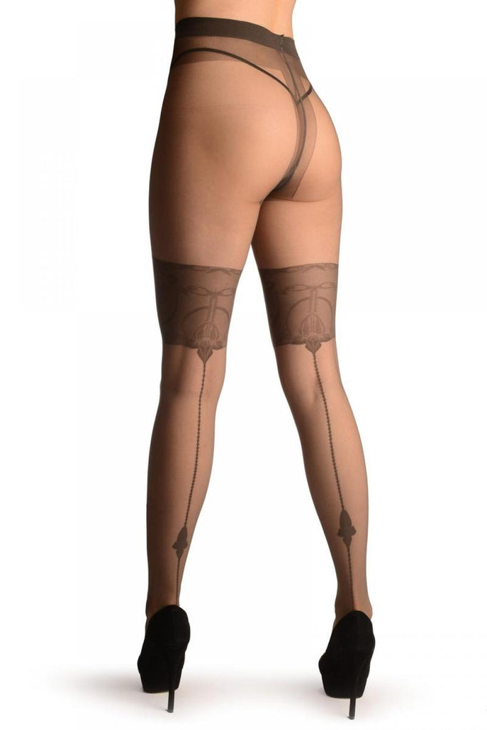 liss kiss Grey With Wide Floral Garter & Geometrical Seam - Tights