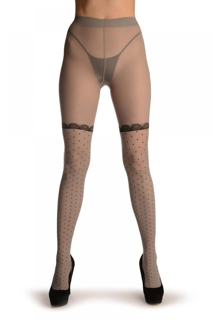 Liss Kiss Grey With Woven Black Dots & Lace Garter - Tights