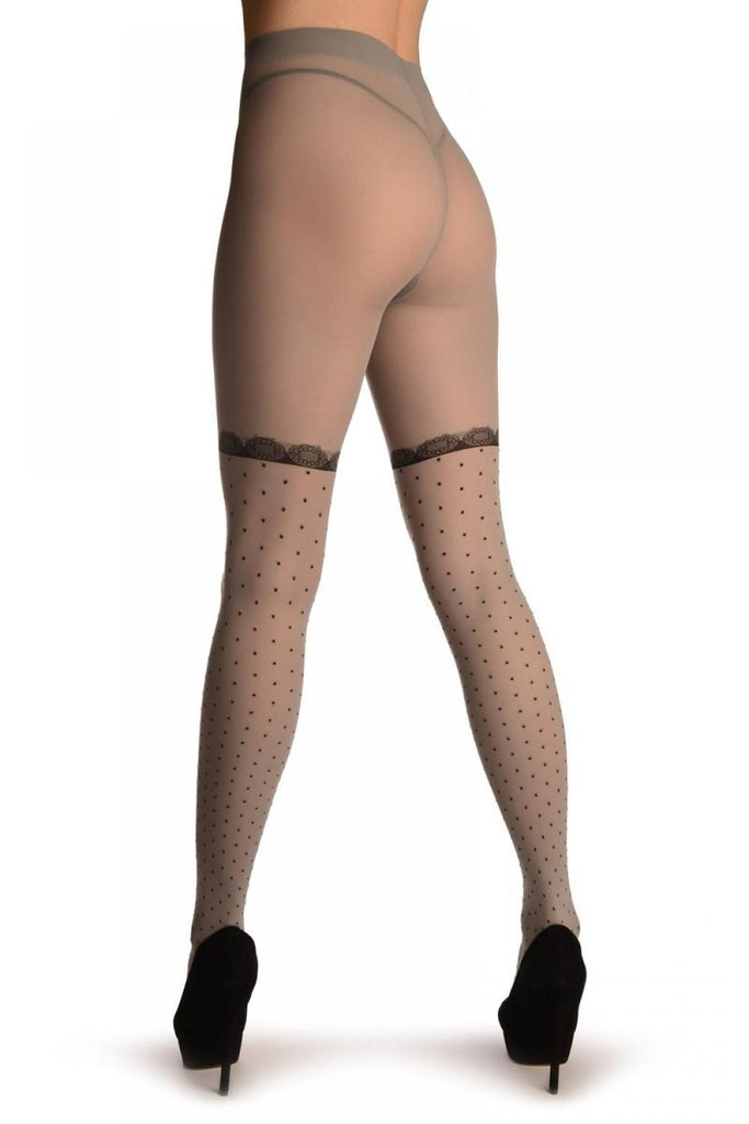Liss Kiss Grey With Woven Black Dots & Lace Garter - Tights