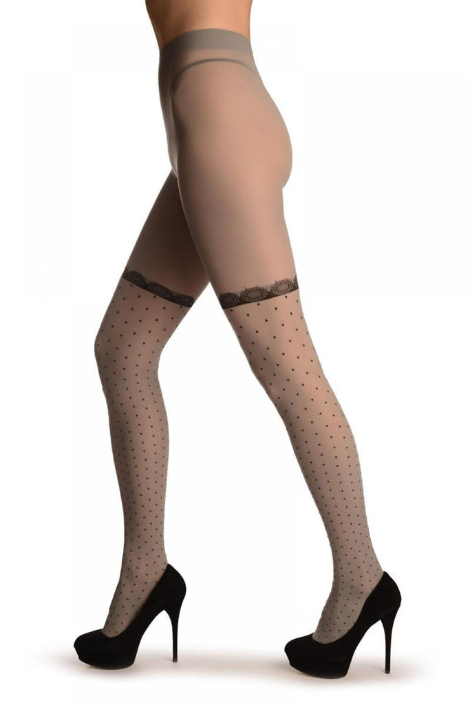 Liss Kiss Grey With Woven Black Dots & Lace Garter - Tights