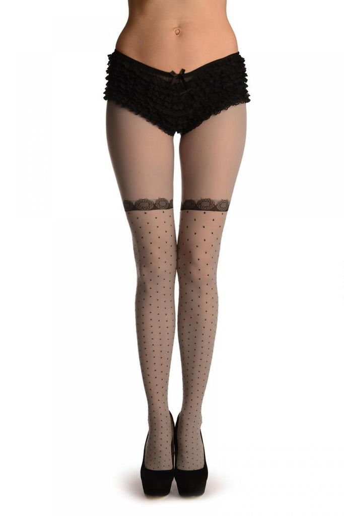 liss kiss Grey With Woven Black Dots & Lace Garter - Tights
