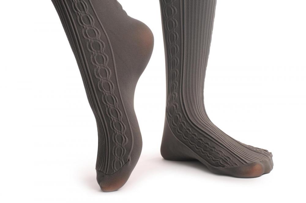 Liss Kiss Grey With Woven Front Striped Panel Over The Knee 80 Den - Tights