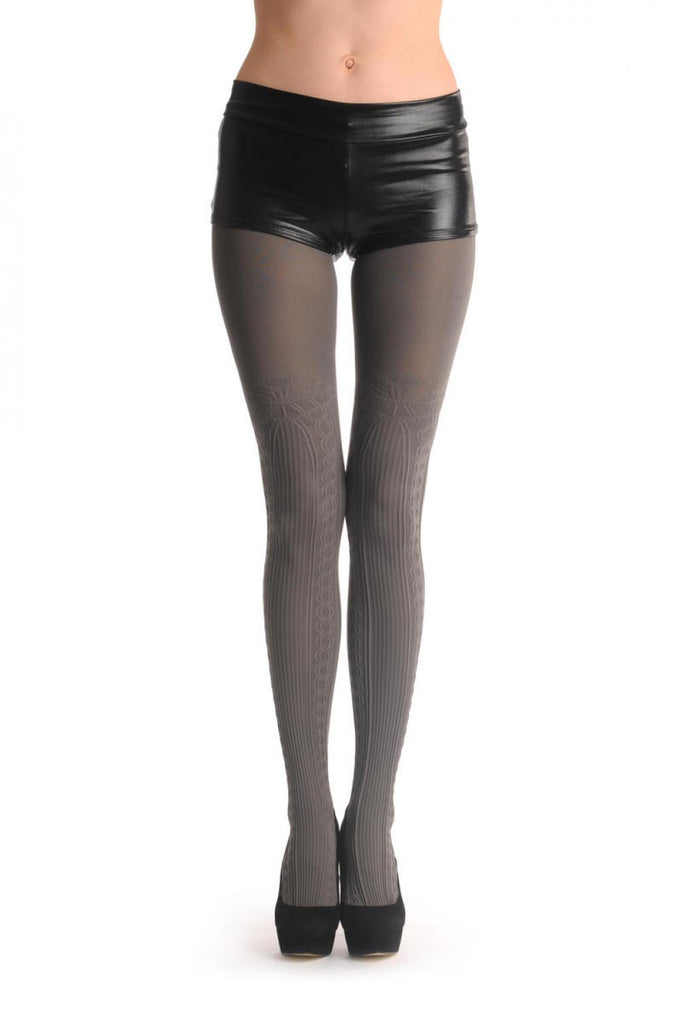 Liss Kiss Grey With Woven Front Striped Panel Over The Knee 80 Den - Tights