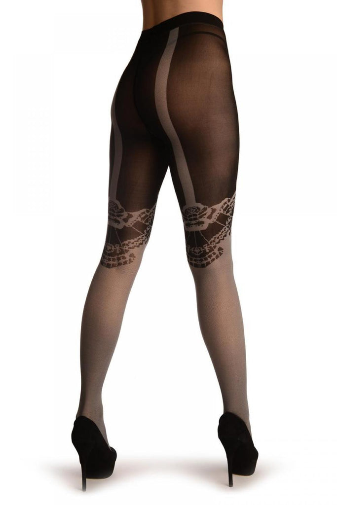 Liss Kiss Grey With Woven Lace Fan And Faux Suspenders - Tights