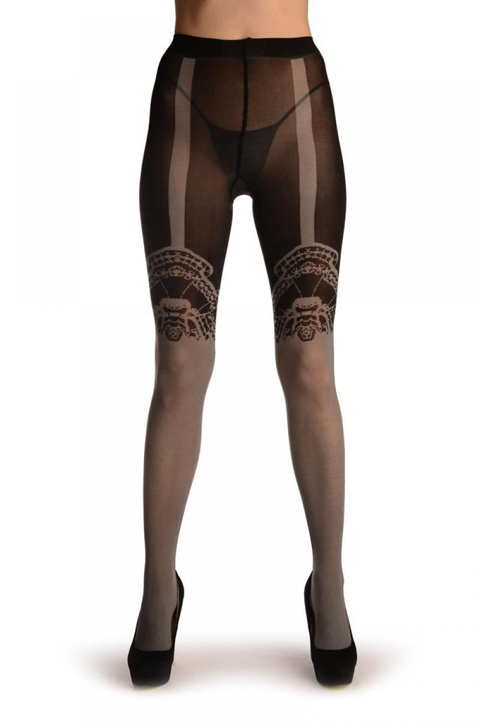 Liss Kiss Grey With Woven Lace Fan And Faux Suspenders - Tights