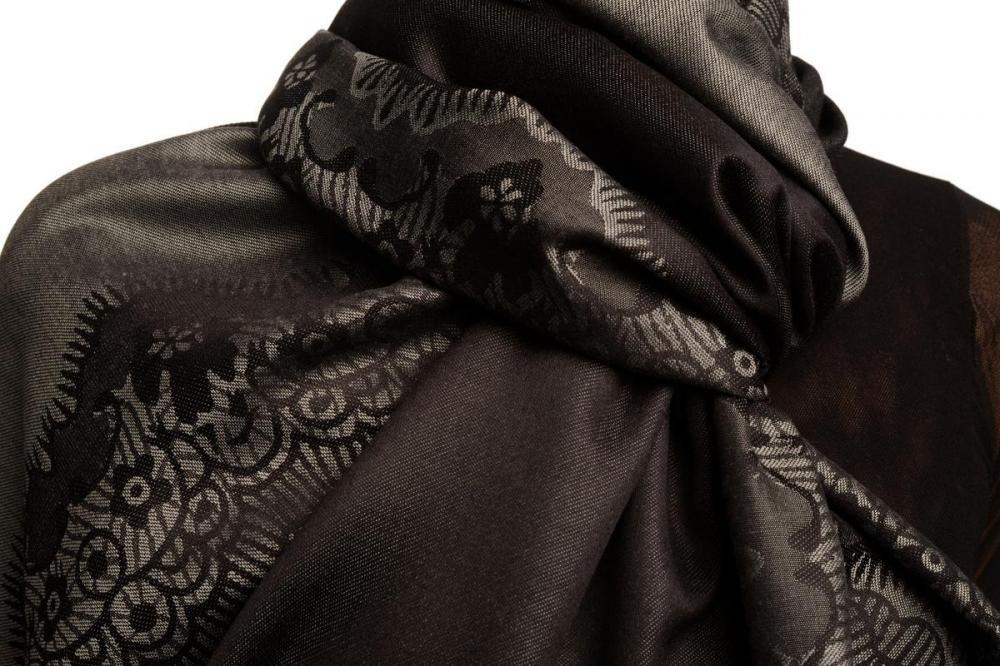 Liss Kiss Grey Woven Lace On Black Pashmina Feel - Scarf