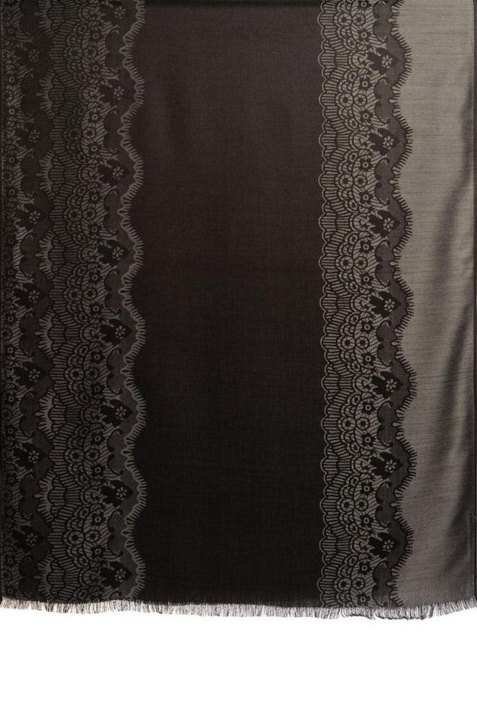 Liss Kiss Grey Woven Lace On Black Pashmina Feel - Scarf