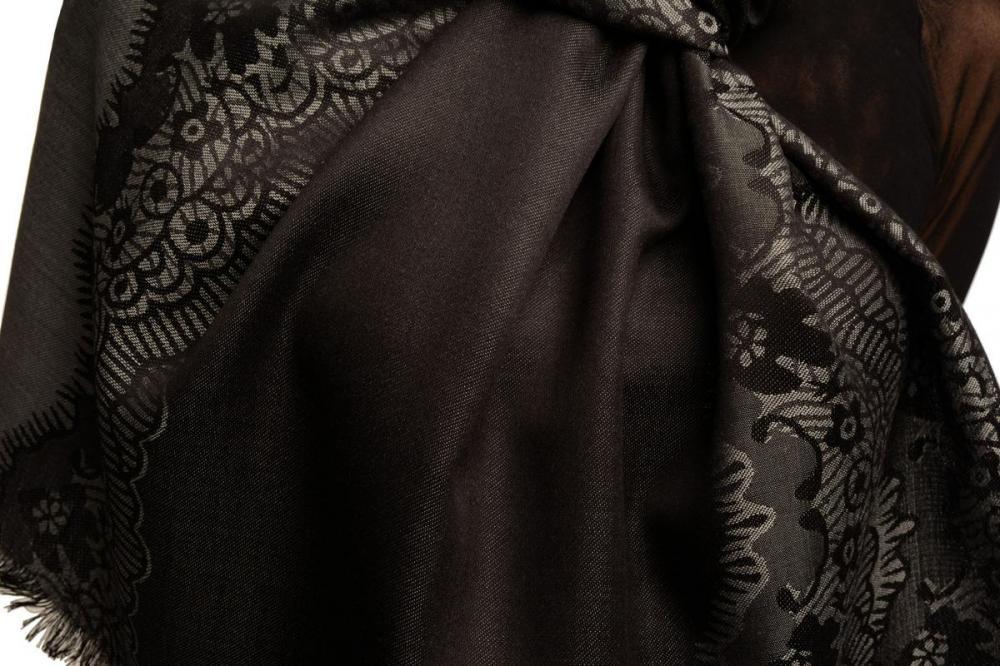 Liss Kiss Grey Woven Lace On Black Pashmina Feel - Scarf