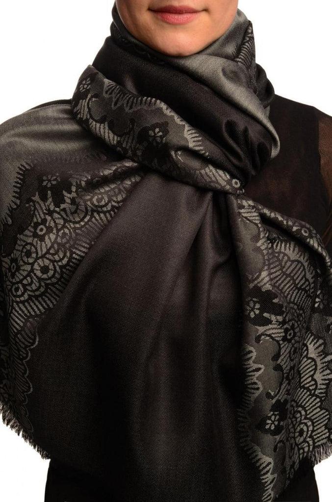 liss kiss Grey Woven Lace On Black Pashmina Feel - Scarf