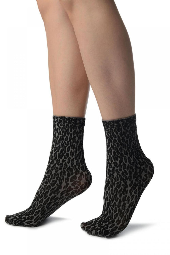 Liss Kiss Grey Woven Leopard Ankle High Socks - Socks