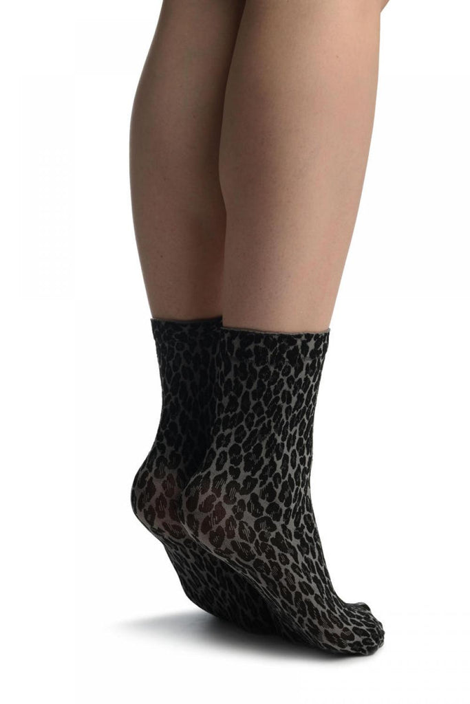 Liss Kiss Grey Woven Leopard Ankle High Socks - Socks