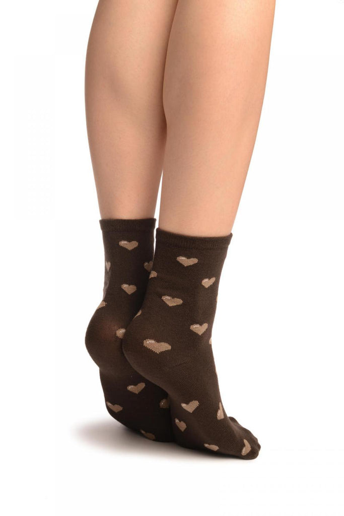 Liss Kiss Hearts All Over Brown Ankle High Socks - Socks