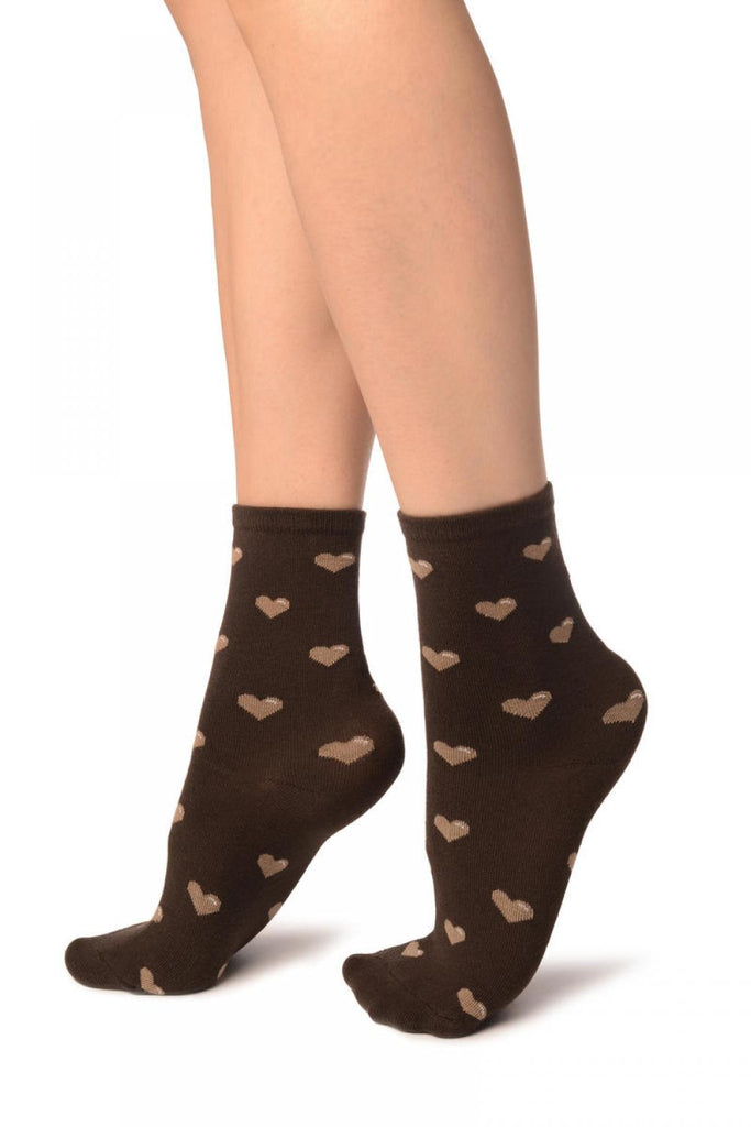 Liss Kiss Hearts All Over Brown Ankle High Socks - Socks