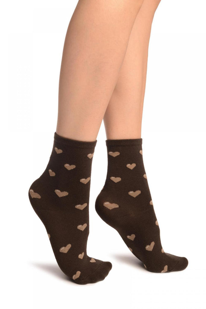 Liss Kiss Hearts All Over Brown Ankle High Socks - Socks