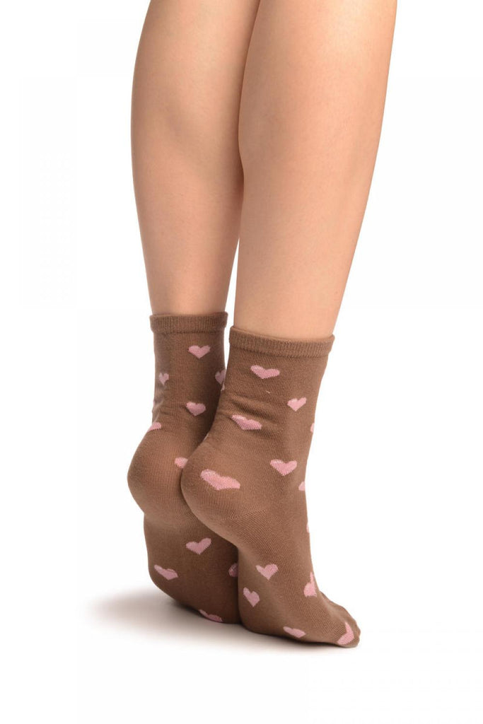 Liss Kiss Hearts All Over Mocha Ankle High Socks - Socks