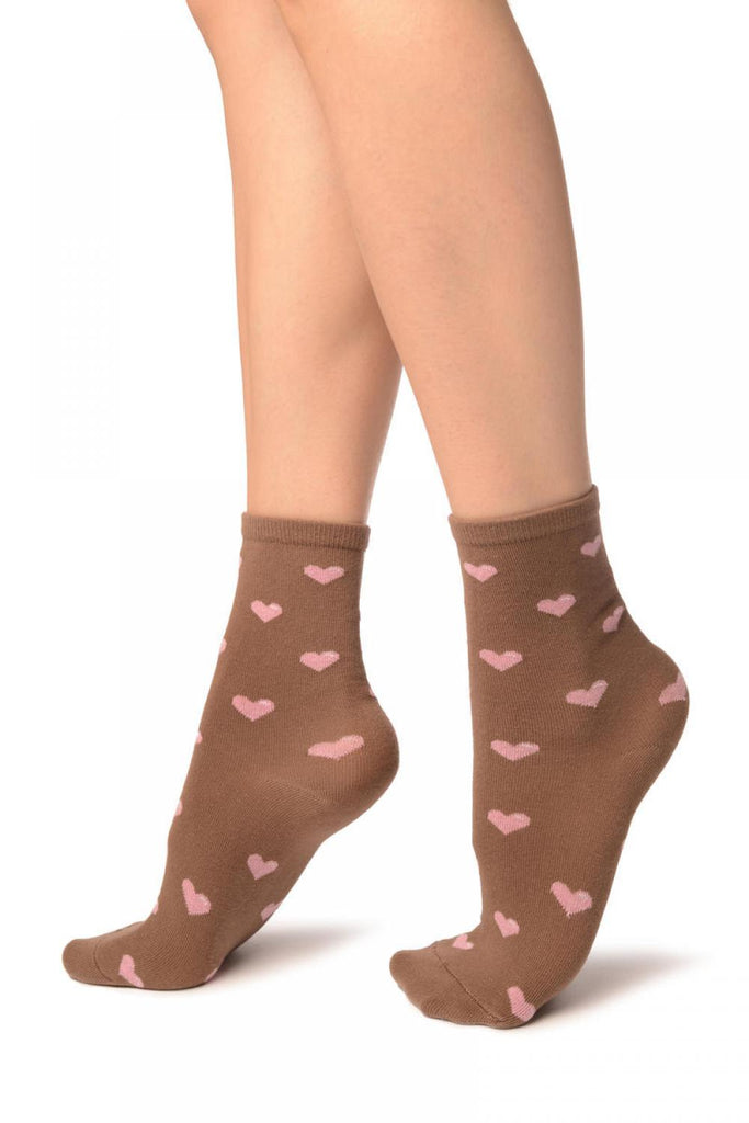 Liss Kiss Hearts All Over Mocha Ankle High Socks - Socks