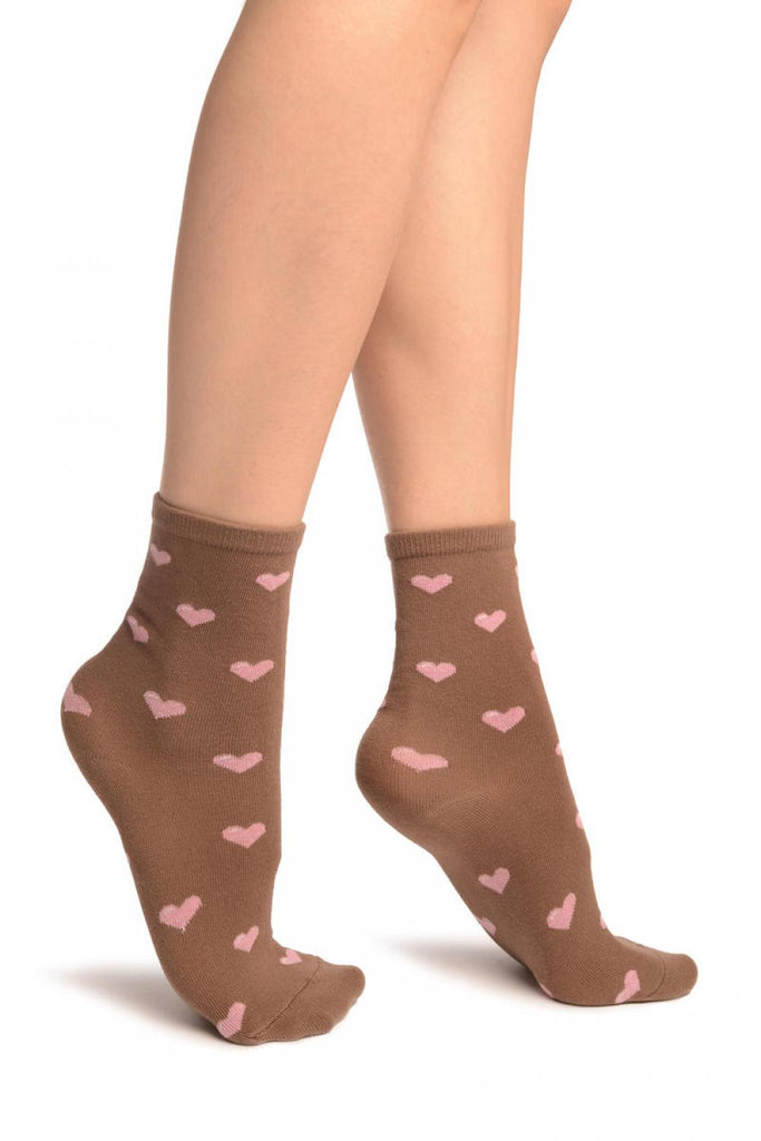 Liss Kiss Hearts All Over Mocha Ankle High Socks - Socks