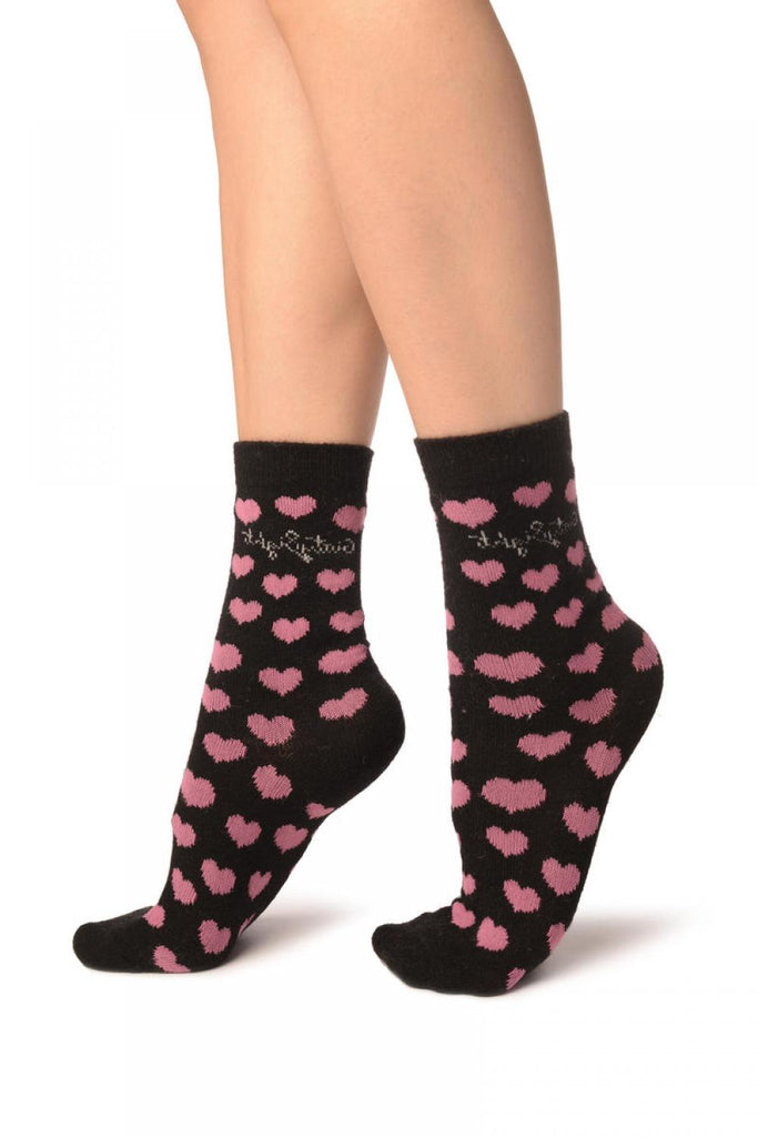 Liss Kiss Hearts On Black Angora Ankle High Socks - Socks