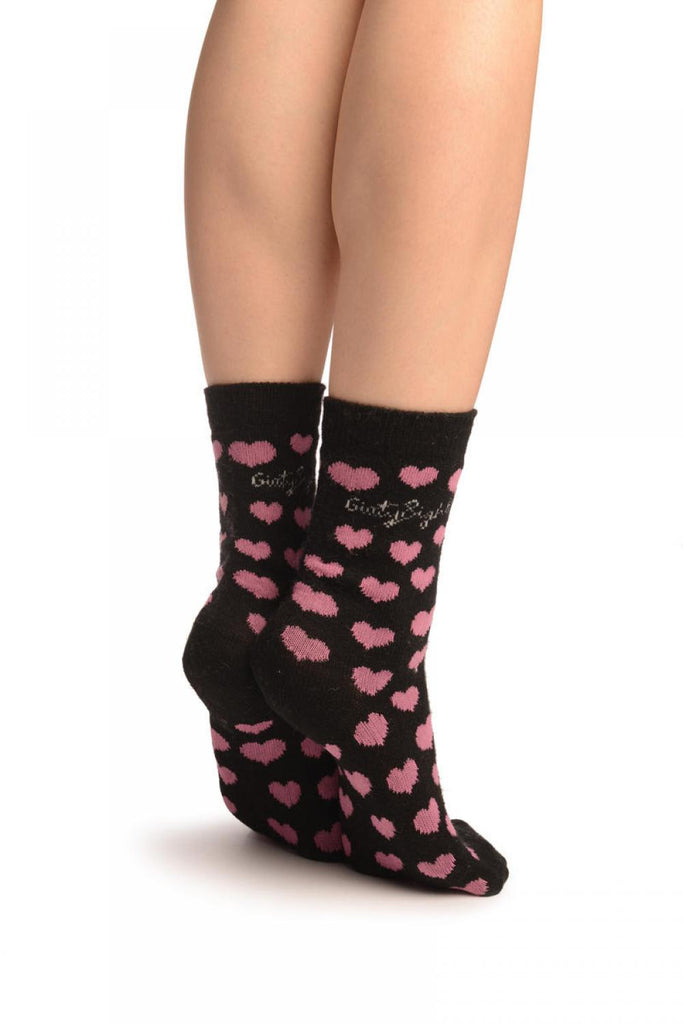 Liss Kiss Hearts On Black Angora Ankle High Socks - Socks