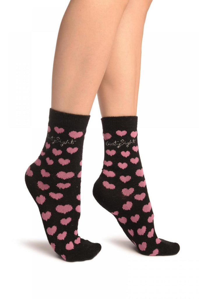 liss kiss Hearts On Black Angora Ankle High Socks - Socks