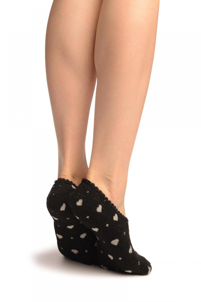 Liss Kiss Hearts On Black With Lace Trim Angora Footies Socks - Footsies Socks