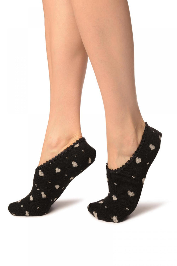 Liss Kiss Hearts On Black With Lace Trim Angora Footies Socks - Footsies Socks