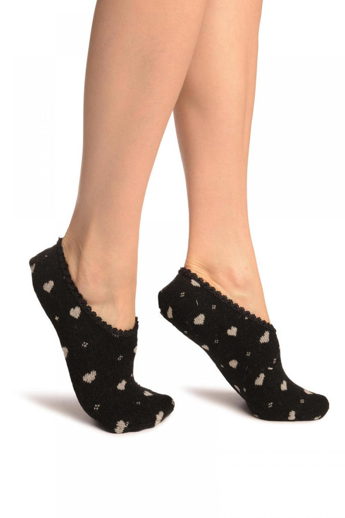 liss kiss Hearts On Black With Lace Trim Angora Footies Socks - Footsies Socks