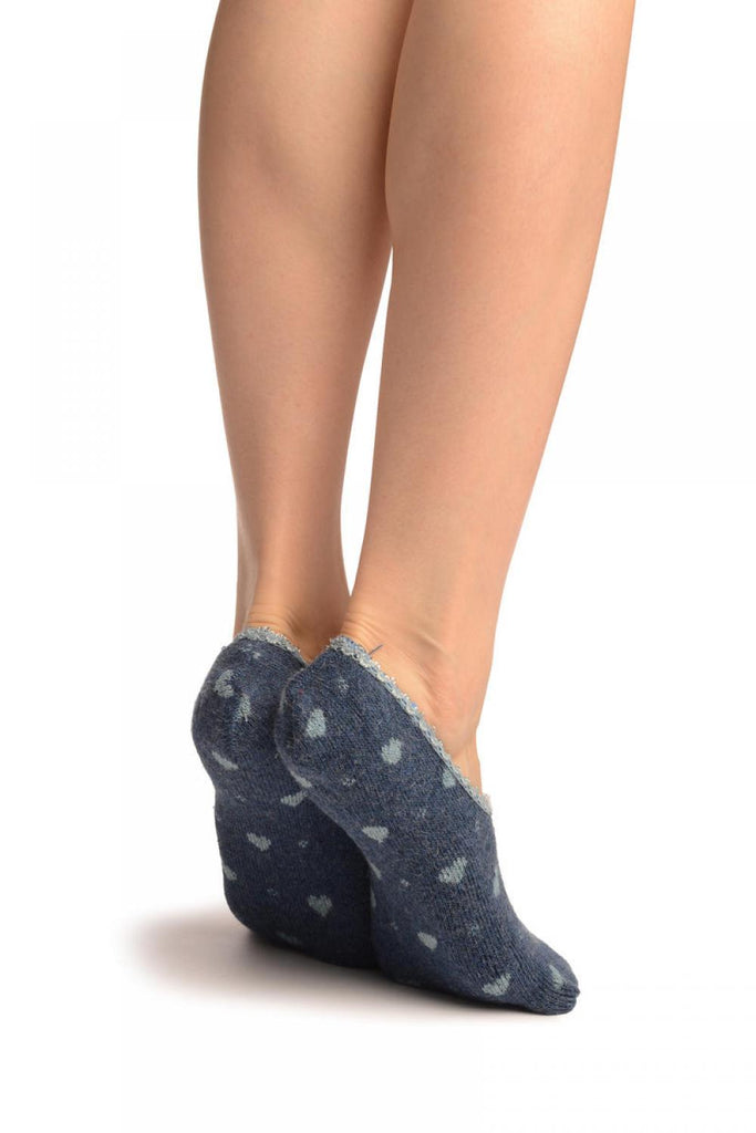 Liss Kiss Hearts On Blue With Lace Trim Angora Footies Socks - Footsies Socks