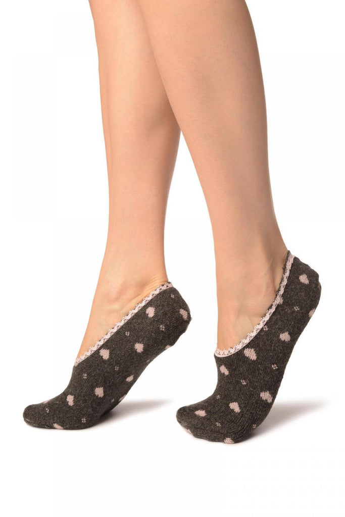 Liss Kiss Hearts On Dark Grey With Lace Trim Angora Footies Socks - Footsies Socks