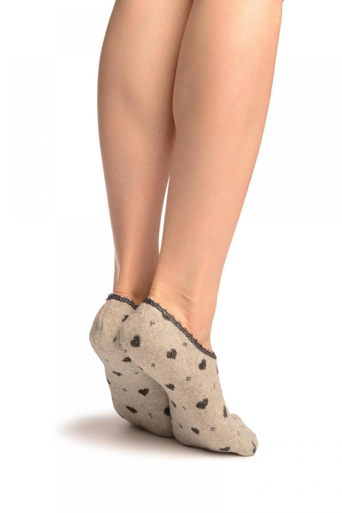 Liss Kiss Hearts On Grey With Lace Trim Angora Footies Socks - Footsies Socks