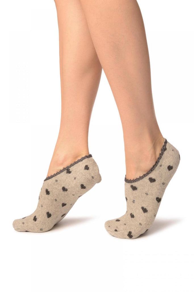 Liss Kiss Hearts On Grey With Lace Trim Angora Footies Socks - Footsies Socks