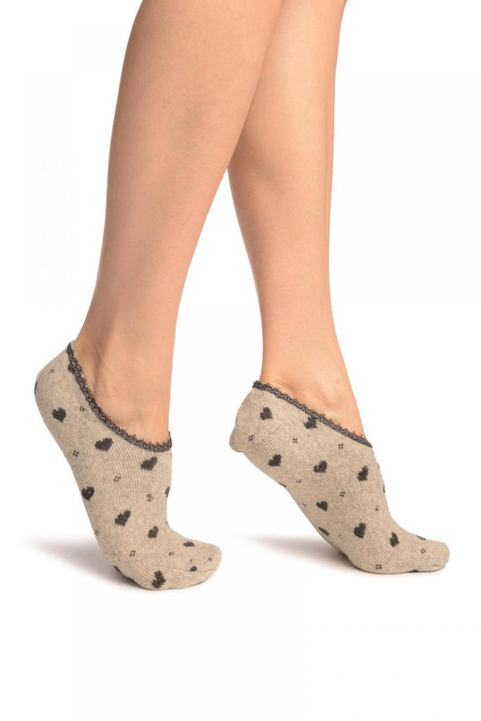 liss kiss Hearts On Grey With Lace Trim Angora Footies Socks - Footsies Socks
